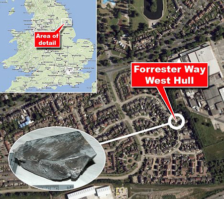 Ảnh minh họa vị trí rơi của miếng rác vũ trụ tại thành phố Hull. Ảnh: Daily Mail.